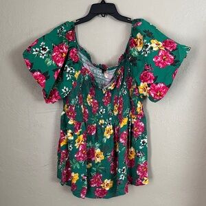 Torrid Women’s Babydoll Smocked Bodice Puff Sleeve Top Floral Green 4X Tropical